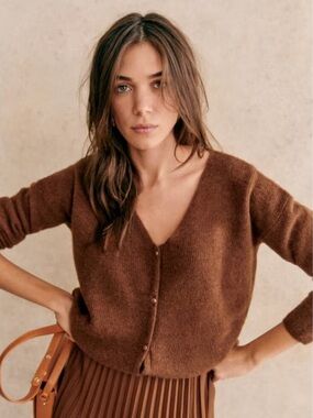 Sezane Brown V-Neck Button Cardigan